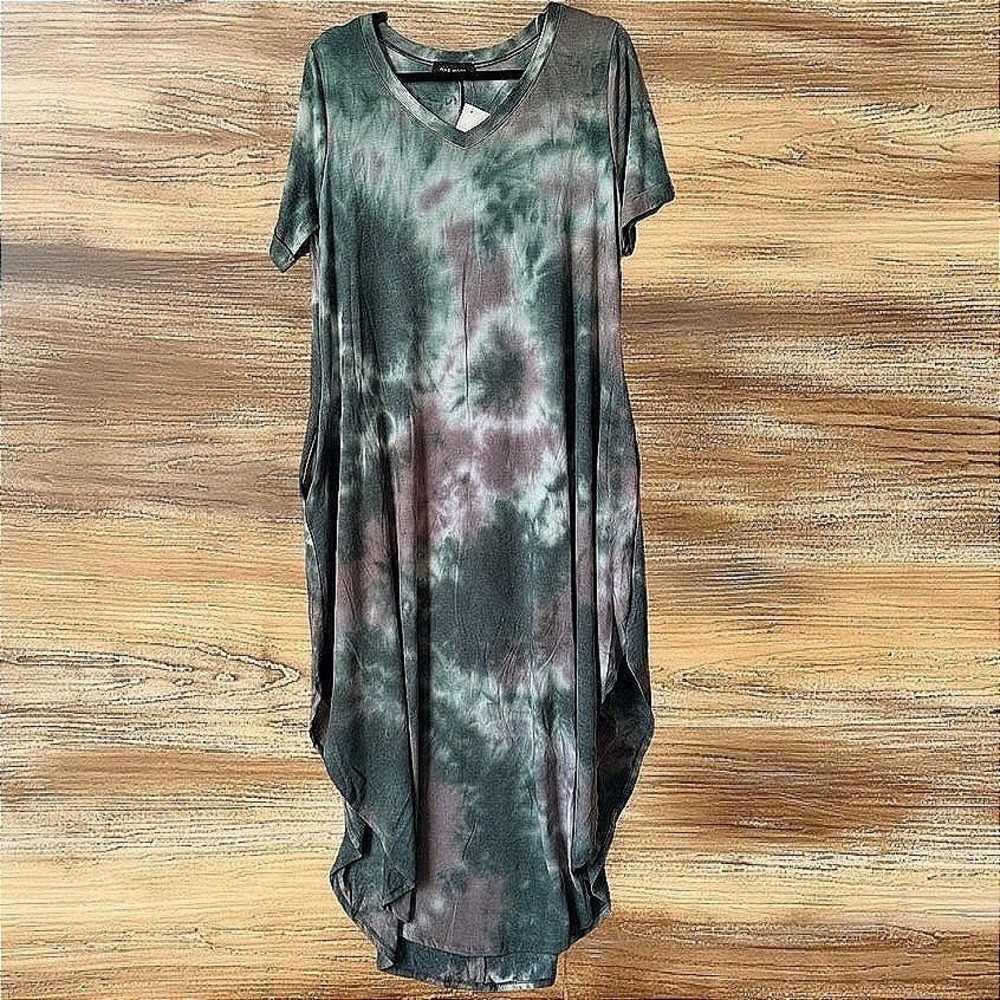 Rae Mode Run The World Tie Dye Maxi Dress Green Grey V-Neck Pockets Large D1154